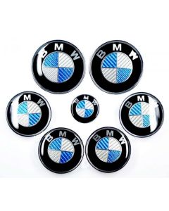 7pcs New BMW Blue/White Real Carbon Fiber Emblem Logo Badge Set 82/74mm