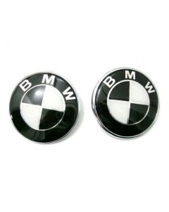 2PCS 82mm New BMW Full Black EMBLEM FRONT HOOD Emblem REAR TRUNK badge