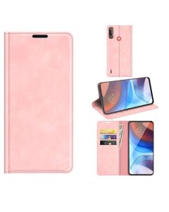 Motorola Moto E7 Power Super Soft Leather Flip Cover Phone Case Dual Invisible Magnets Snap