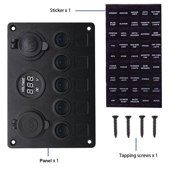 2-Row Switch Panel with Round Rocker Switch and dual USB outlets and voltmeter and indicators