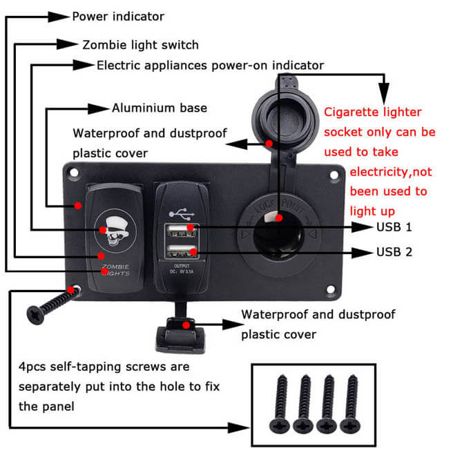5-Pin Aluminium Combination Switch Panel with Switch and Dual USB and Cigarette power lighter for Auto Yacht Boat