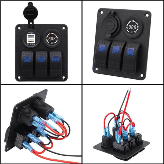 2-Row Switch Panel with Rocker Switch and dual USB outlets and voltmeter and color indicator