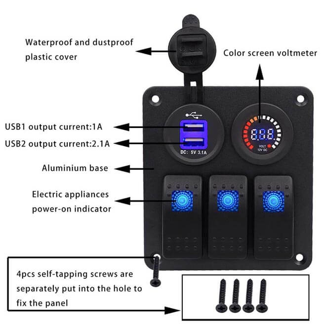 2-Row Switch Panel with Rocker Switch and dual USB outlets and voltmeter and color indicator