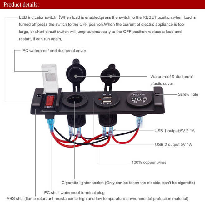 Auto reset Switch Panel with dual USB socket and 12V auxiliary power outlets