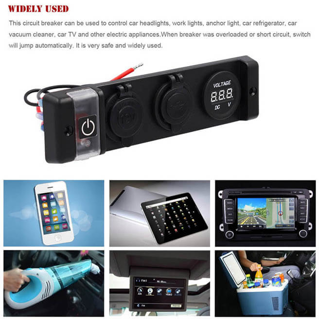 Auto reset Switch Panel with dual USB socket and 12V auxiliary power outlets