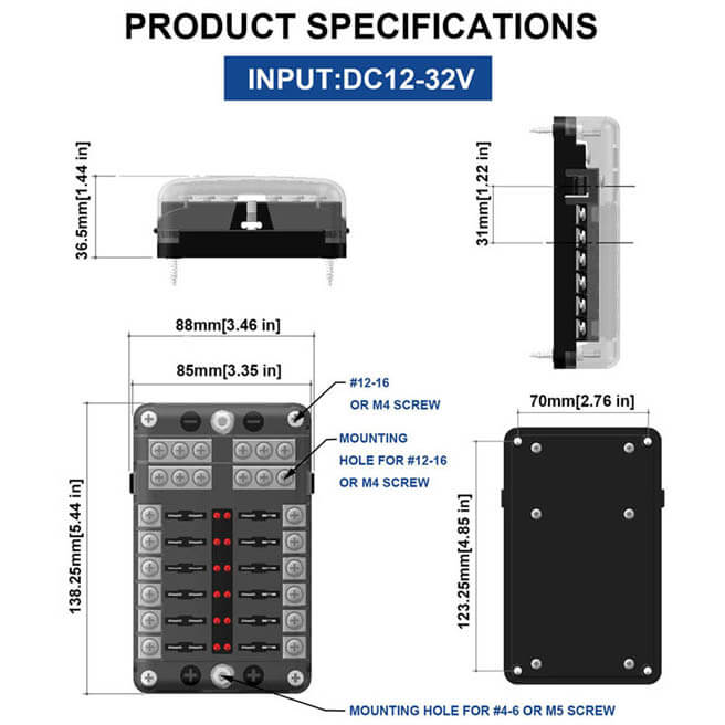 Screw terminal Fuse block with multiple independent circuit and led indicator