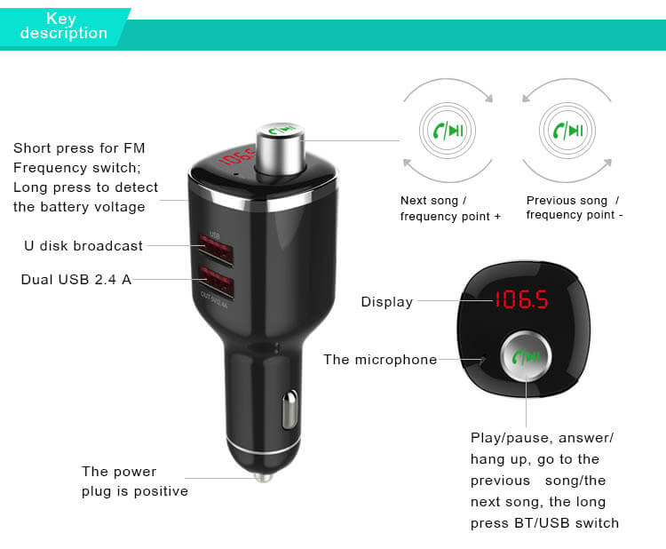 Bluetooth FM Transmitter 3 in 1 TTLET Car charger Voltage detection Mp3 U disk